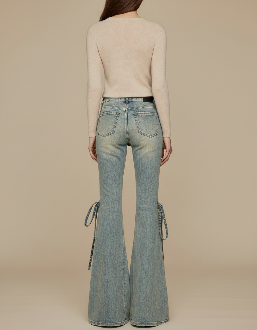 Pantalon Patte D'Éléphant Jean Délavé Taille Basse Évasé - Bleu - vue 2