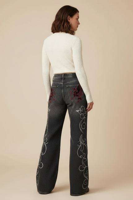 Pantalon Patte D'Éléphant Denim Noir Brodé Vintage Y2K - Jean - vue 2