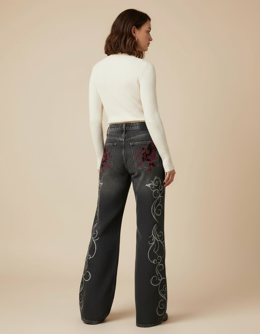 Pantalon Patte D'Éléphant Denim Noir Brodé Vintage Y2K - Jean - vue 2