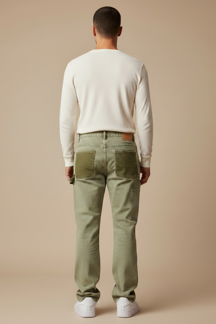 Pantalon Patte D'Éléphant Vert Bicolore Patchwork Évasé Peintures Homme - Kaki Toile - vue 2