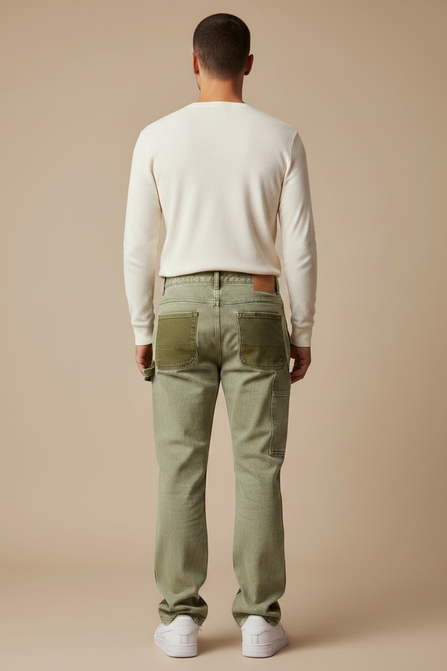 Pantalon Patte D'Éléphant Vert Bicolore Patchwork Évasé Peintures Homme - Kaki Toile - vue 2