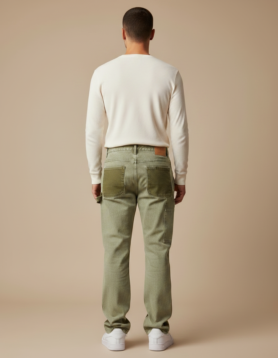 Pantalon Patte D'Éléphant Vert Bicolore Patchwork Évasé Peintures Homme - Kaki Toile - vue 2