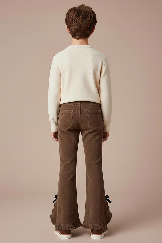 Pantalon Patte D'Éléphant Marron Côtelé Évasé Volants Nœuds - Cordé - vue 2
