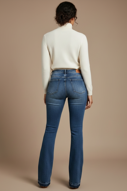 Pantalon Patte D'Éléphant Jean Délavé Déchiré Taille Haute Femme - Bleu - vue 2
