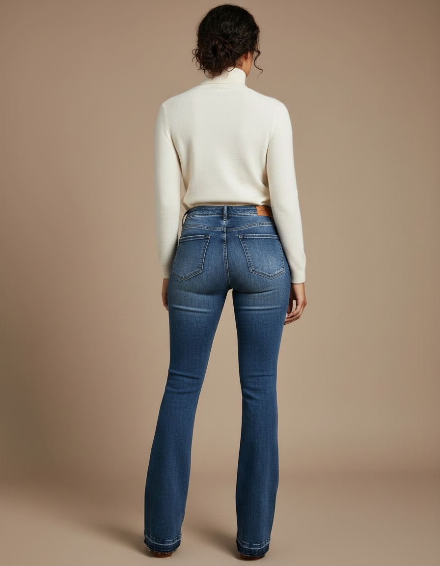 Pantalon Patte D'Éléphant Jean Délavé Déchiré Taille Haute Femme - Bleu - vue 2