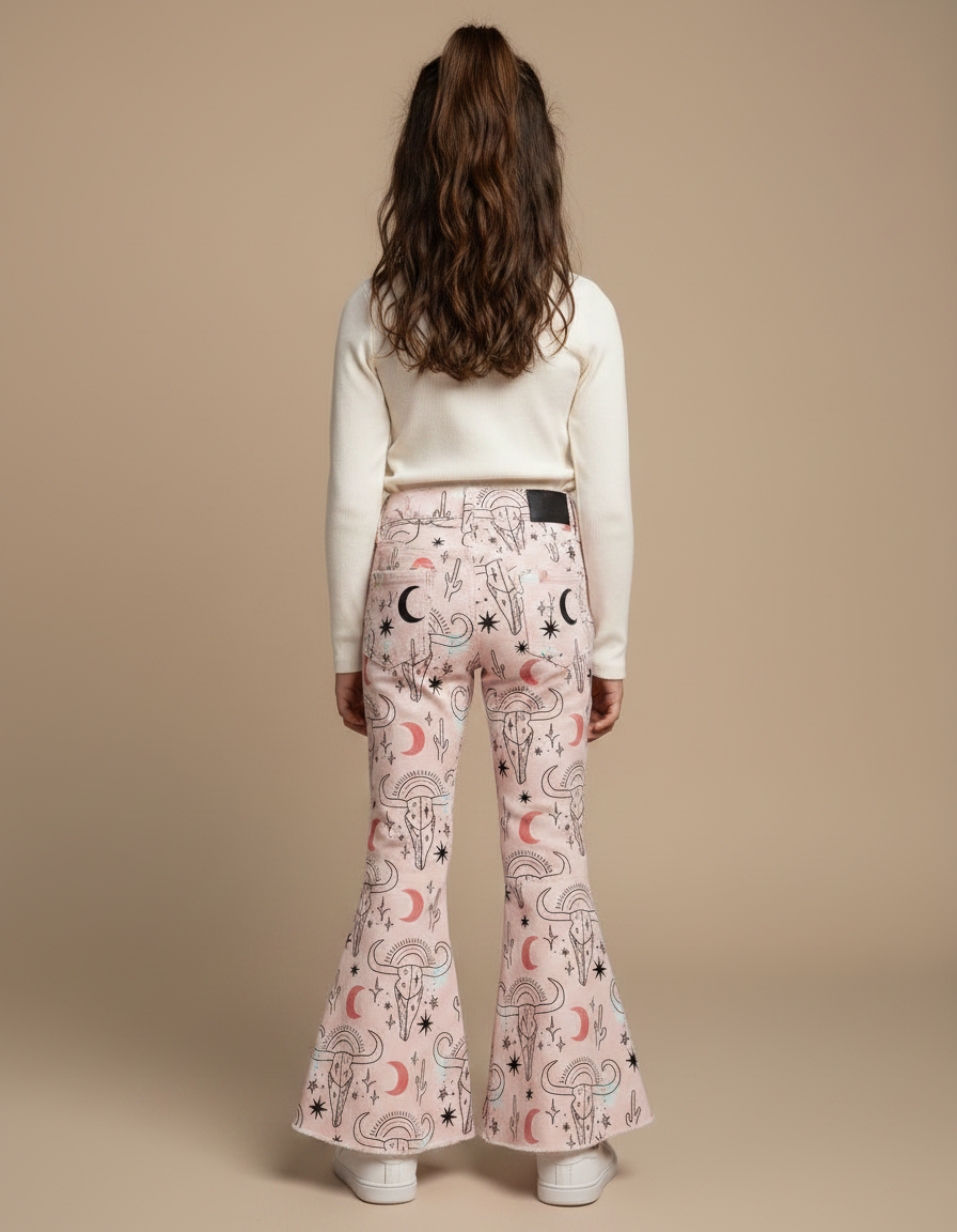 Pantalon Patte D'Éléphant Rose Imprimé Crânes Évasé Fille - Jean - vue 2