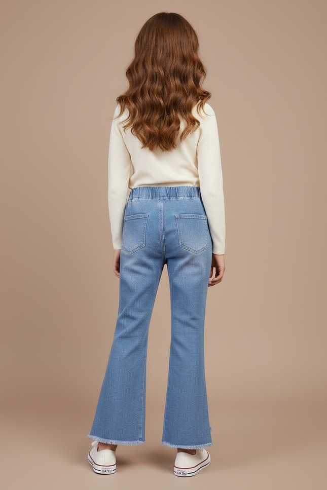 Pantalon Patte D'Éléphant Jean Bleu Frangé Boutons Fille - vue 2