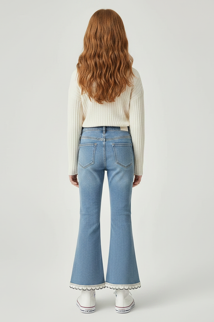 Pantalon Patte D'Éléphant Denim Bleu Clair Dentelle Perles - Jean - vue 2