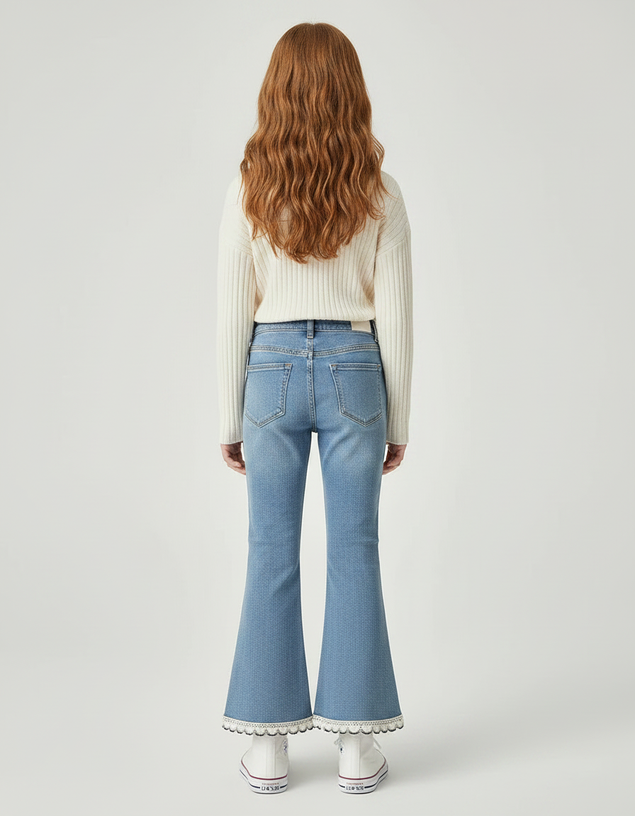 Pantalon Patte D'Éléphant Denim Bleu Clair Dentelle Perles - Jean - vue 2