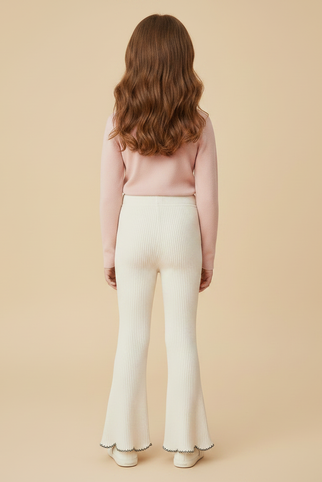 Pantalon Patte D'Éléphant Côtelé Écru Brodé Scallop Fille - Beige Maille - vue 2