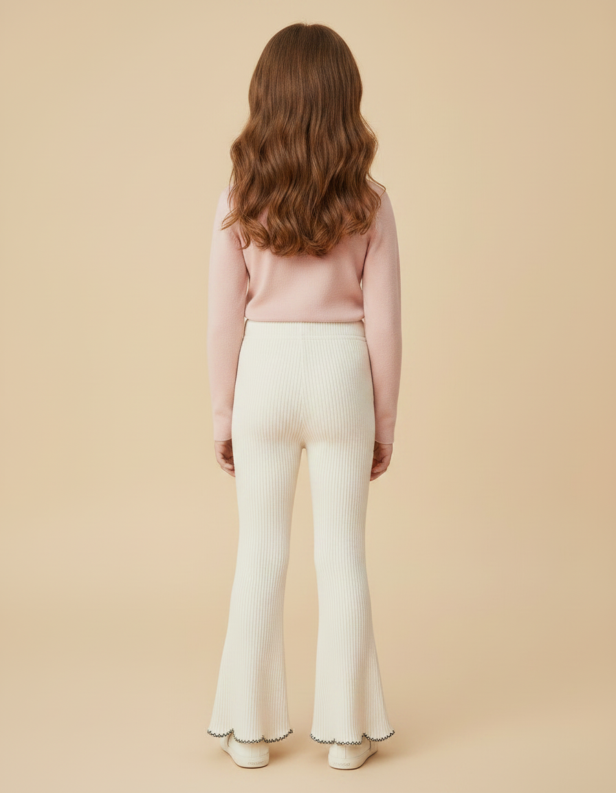 Pantalon Patte D'Éléphant Côtelé Écru Brodé Scallop Fille - Beige Maille - vue 2