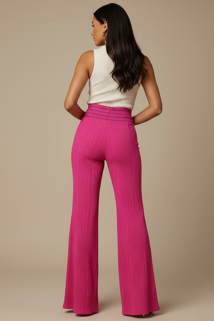Pantalon Patte D'Éléphant Fuchsia Texturé Taille Haute Élégant - Rose Maille - vue 2