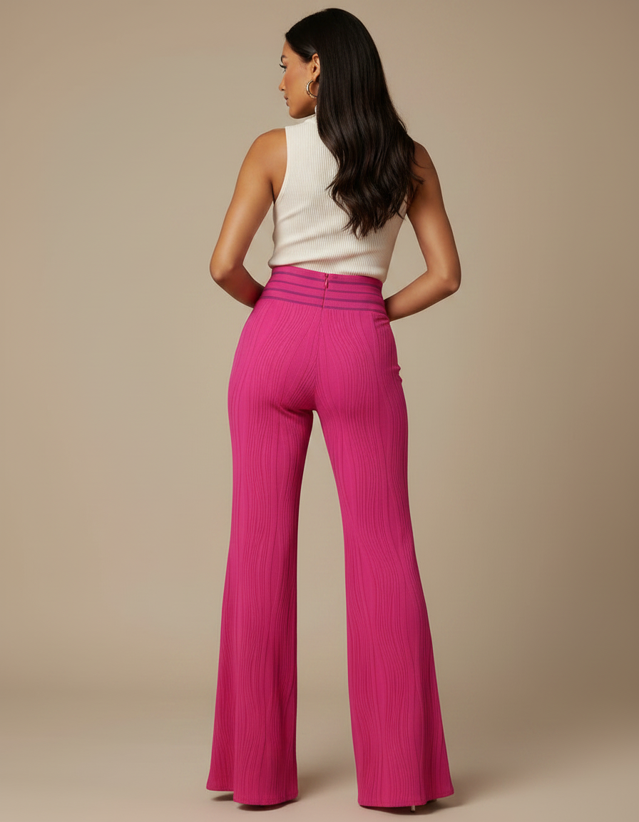 Pantalon Patte D'Éléphant Fuchsia Texturé Taille Haute Élégant - Rose Maille - vue 2