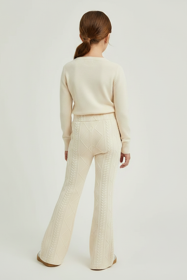 Pantalon Patte D'Éléphant Crème Tricoté Cable Fille - Beige Maille - vue 2