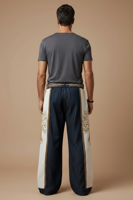 Pantalon Patte D'Éléphant Brodé Arbre Lin Ample Décontracté - Multicolore - vue 2