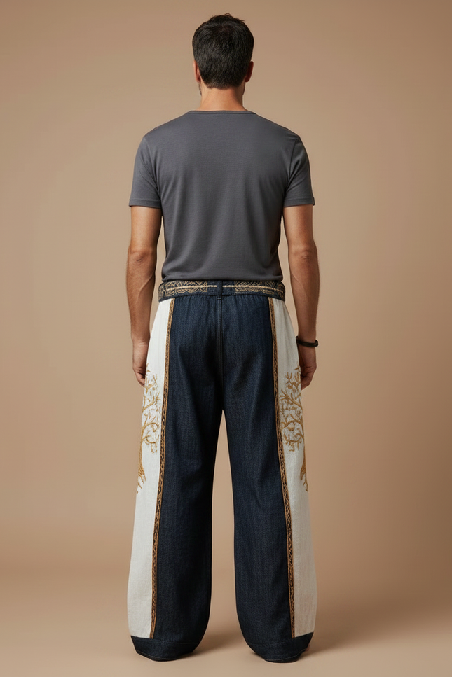 Pantalon Patte D'Éléphant Brodé Arbre Lin Ample Décontracté - Multicolore - vue 2