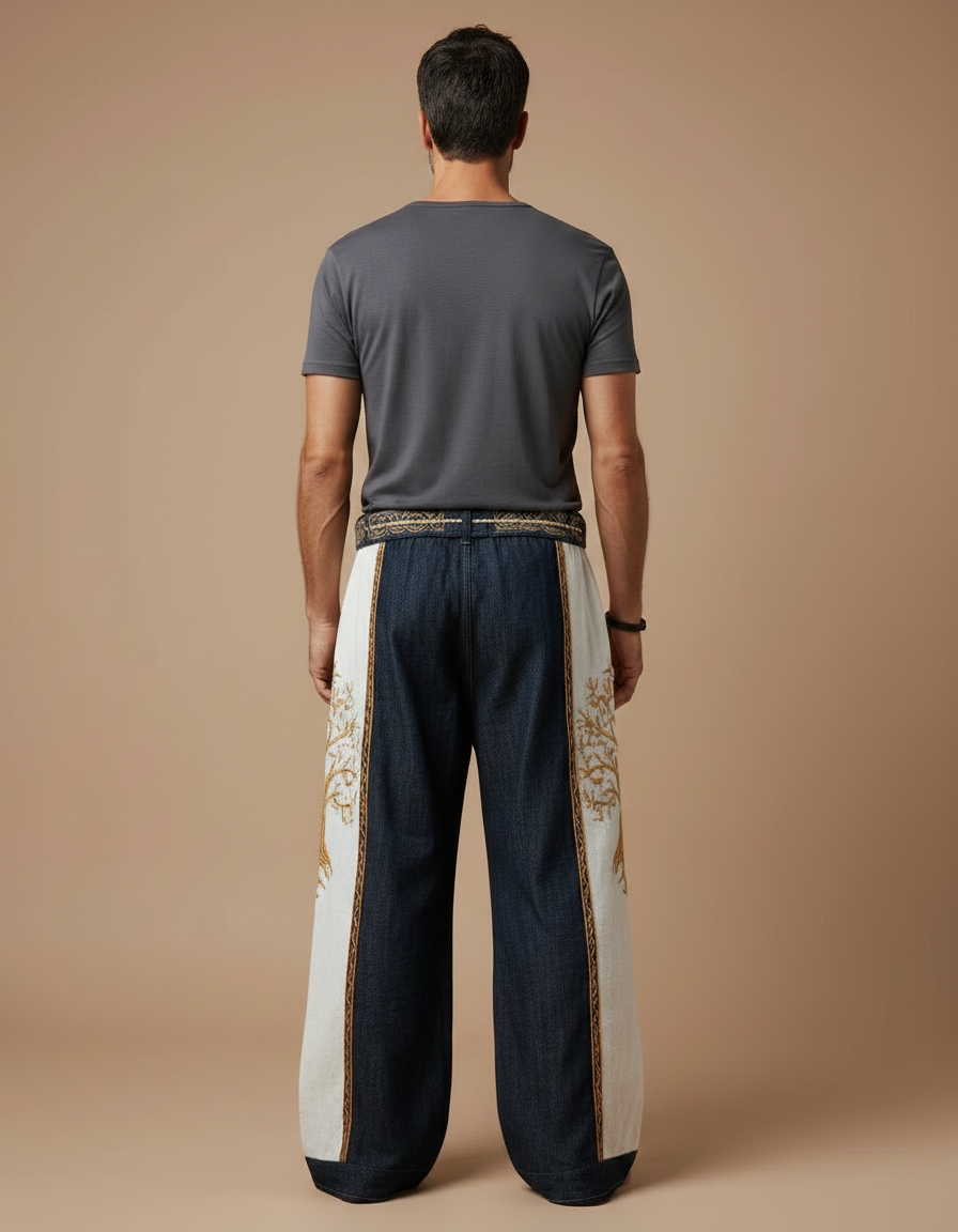Pantalon Patte D'Éléphant Brodé Arbre Lin Ample Décontracté - Multicolore - vue 2