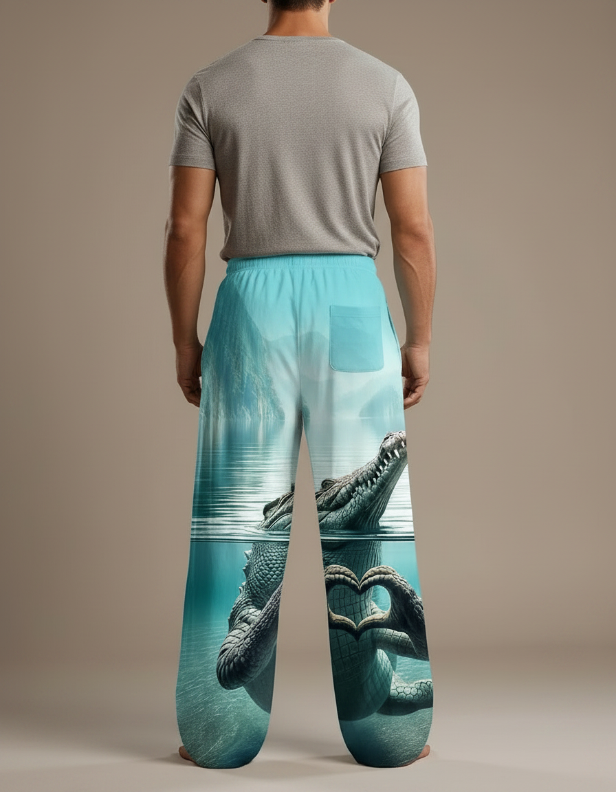 Pantalon Patte D'Éléphant Crocodile Ample Décontracté Aquatique Homme - Bleu Polyester - vue 2