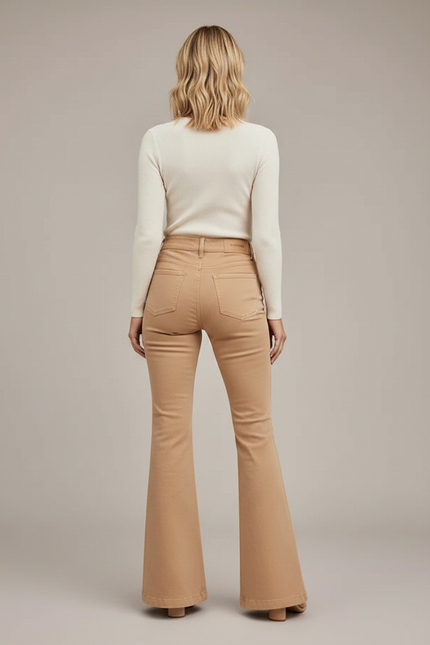 Pantalon Patte D'Éléphant Beige Taille Haute Boutons Évasé Élégant - Gabardine - vue 2