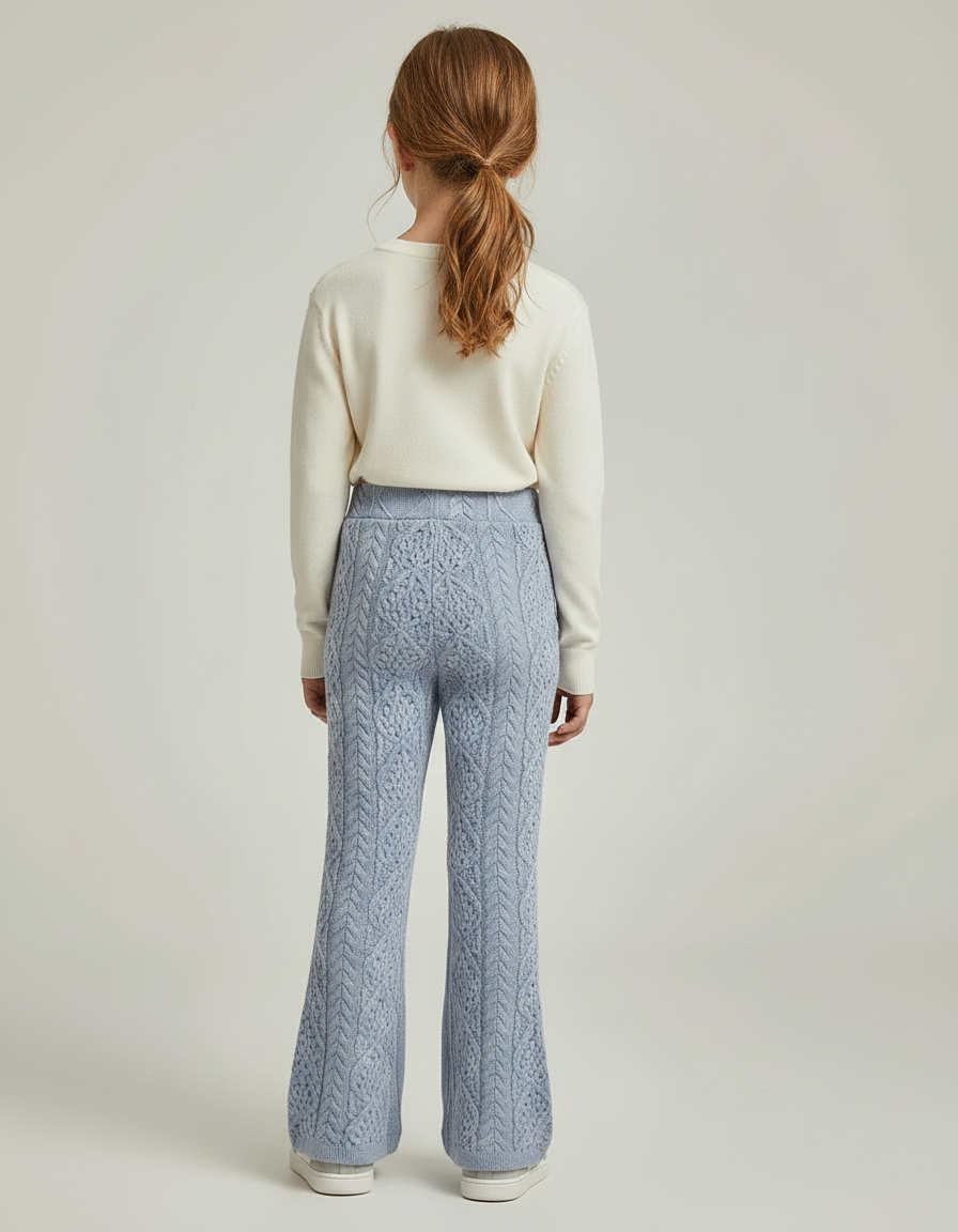 Pantalon Patte D'Éléphant Bleu Ciel Tricoté Torsadé Fille - Maille - vue 2