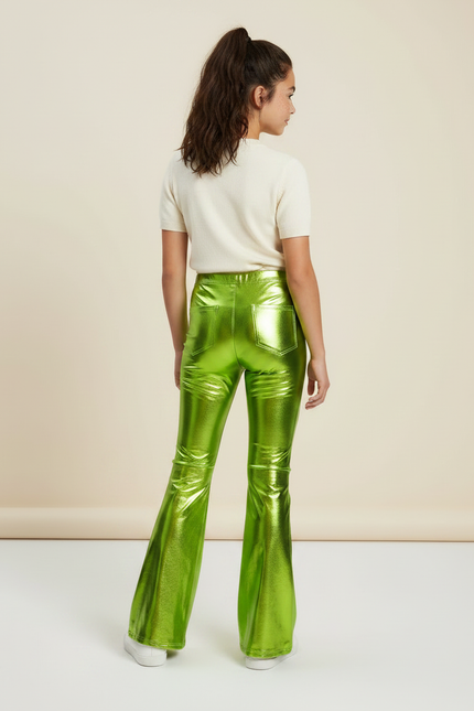Pantalon Patte D'Éléphant Vert Métallique Brillant Évasé - Polyester - vue 2
