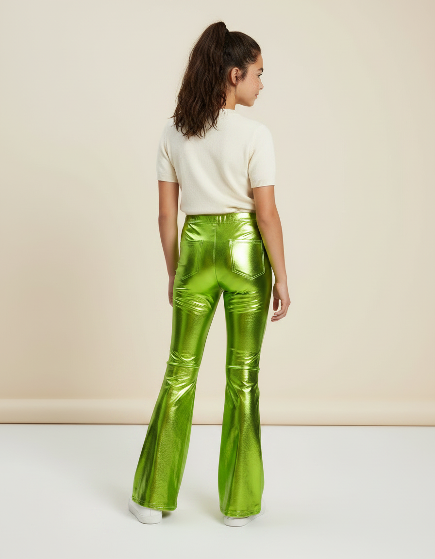 Pantalon Patte D'Éléphant Vert Métallique Brillant Évasé - Polyester - vue 2