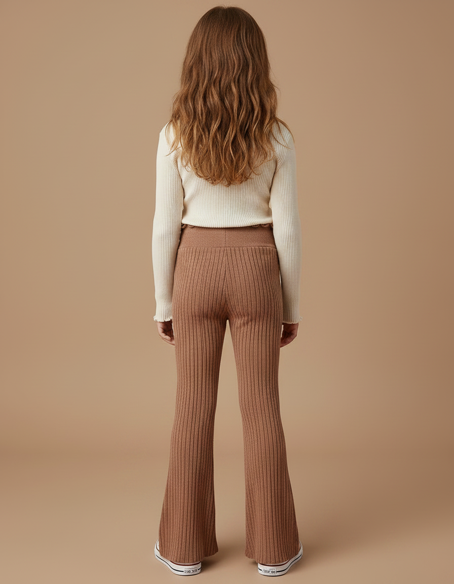 Pantalon Patte D'Éléphant Côtelé Marron Enfant Évasé Confortable - Maille - vue 2