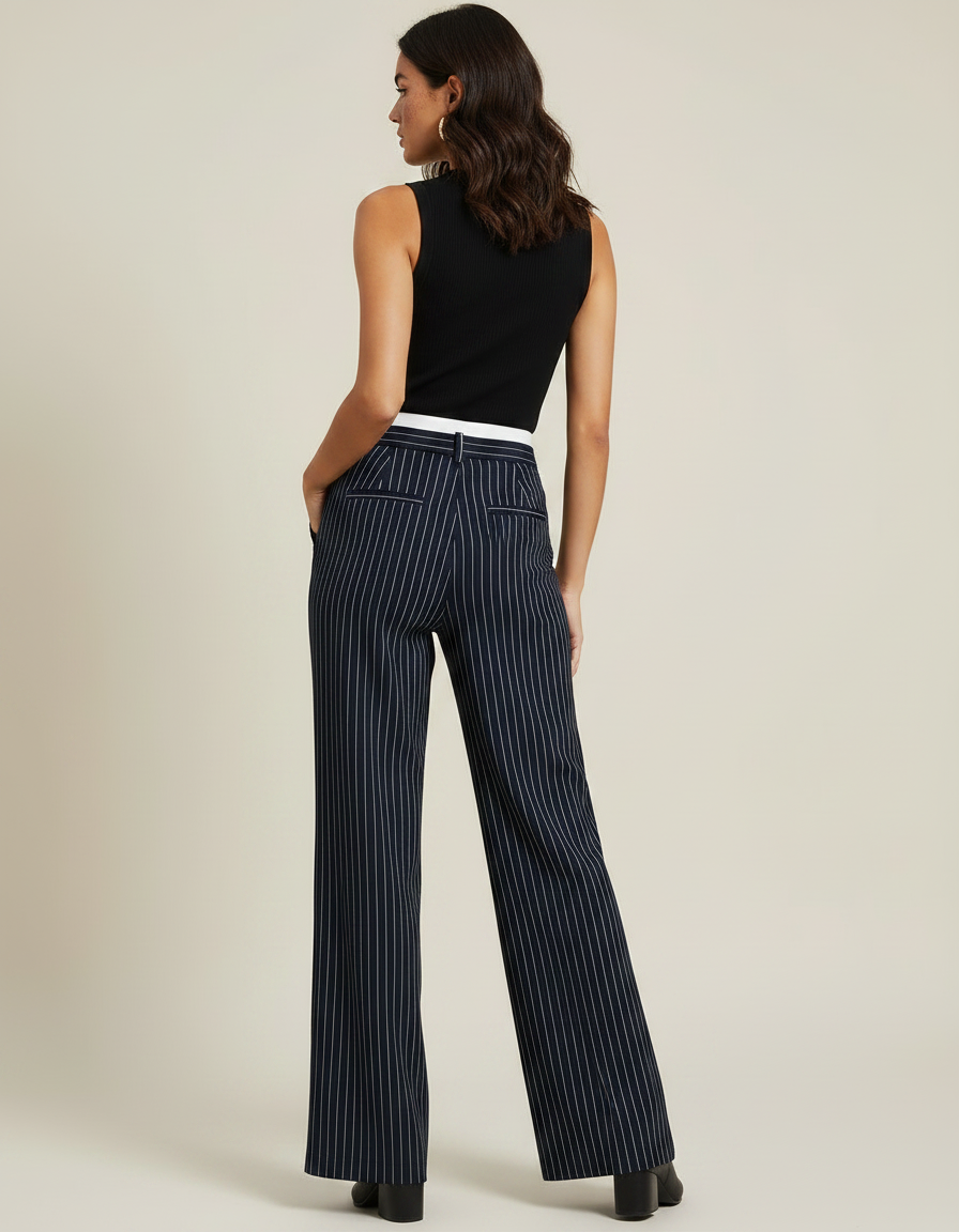 Pantalon Patte D'éléphant Rayure - Marine Gabardine - vue 2
