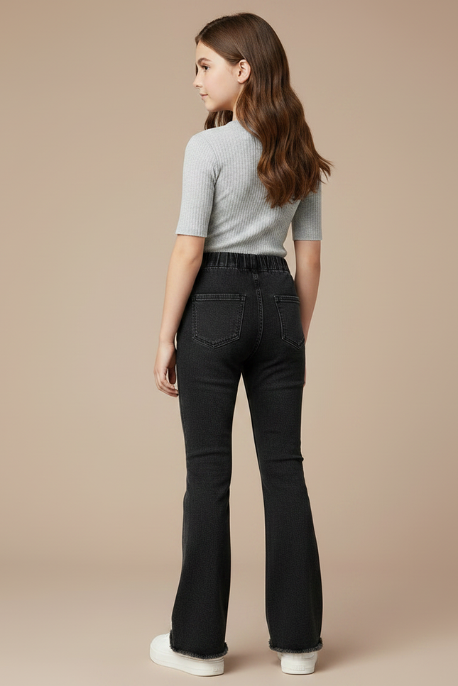 Pantalon Patte D'Éléphant Noir Denim Évasé Fleurs Fille - Jean - vue 2