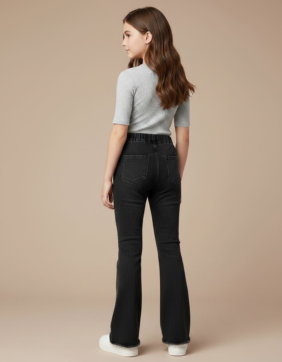 Pantalon Patte D'Éléphant Noir Denim Évasé Fleurs Fille - Jean - vue 2