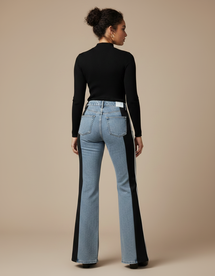 Pantalon Patte D'Éléphant Évasé Bicolore Bandes Latérales Denim - Multicolore Jean - vue 2