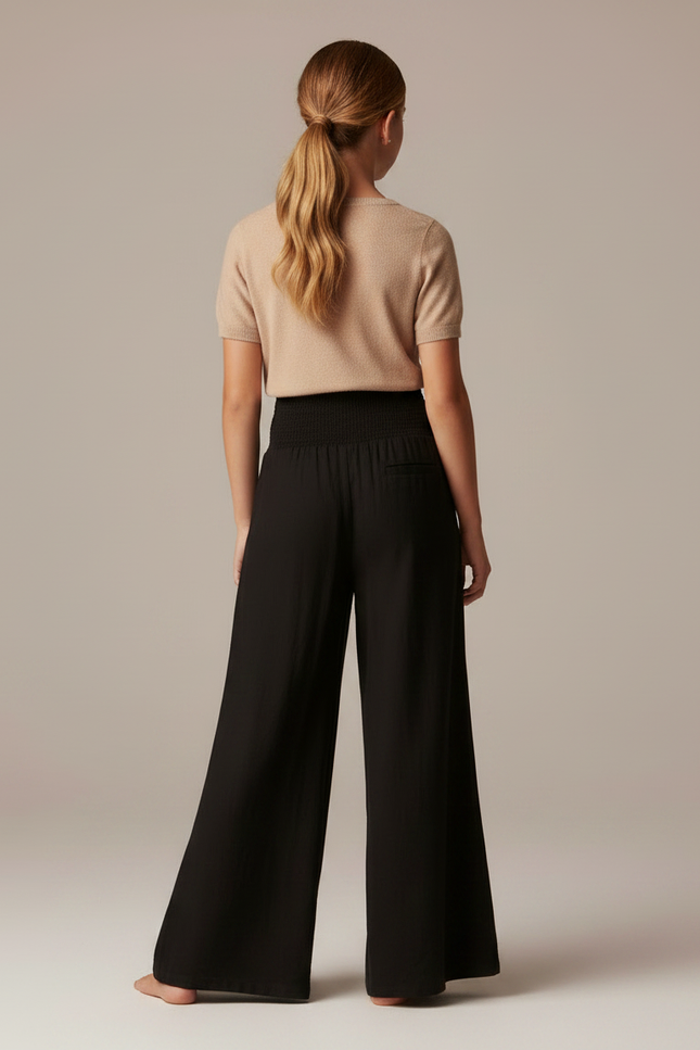 Pantalon Patte D'Éléphant Noir Fluide Taille Smockée - Viscose - vue 2