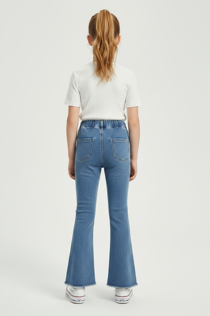 Pantalon Patte D'Éléphant Denim Bleu Nœuds Perles Évasé Fille - Jean - vue 2