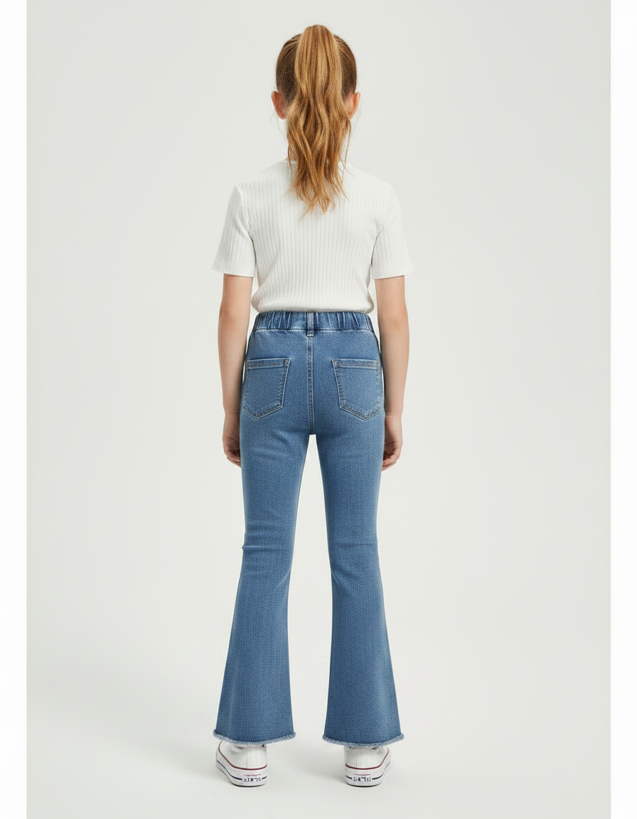 Pantalon Patte D'Éléphant Denim Bleu Nœuds Perles Évasé Fille - Jean - vue 2