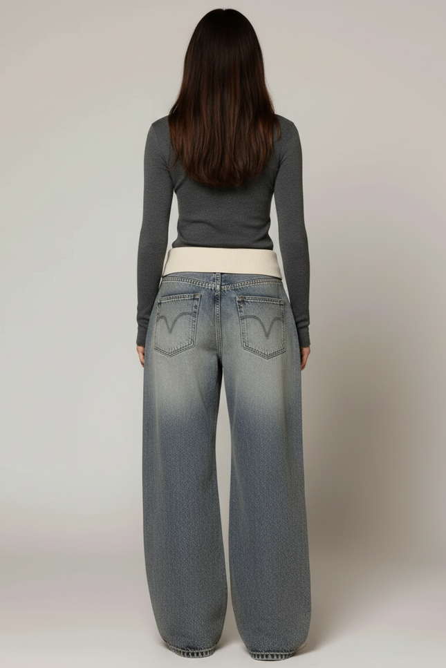 Pantalon Patte D'Éléphant Jean Bleu Délavé Évasé Brodé - vue 2