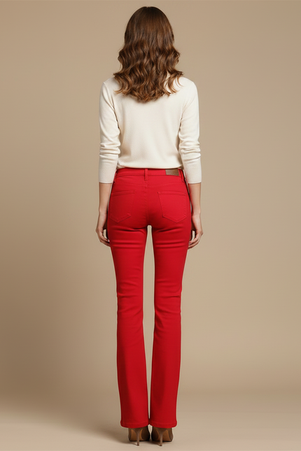 Pantalon Patte D'Éléphant Rouge Taille Haute Stretch Slim Femme - Coton - vue 2