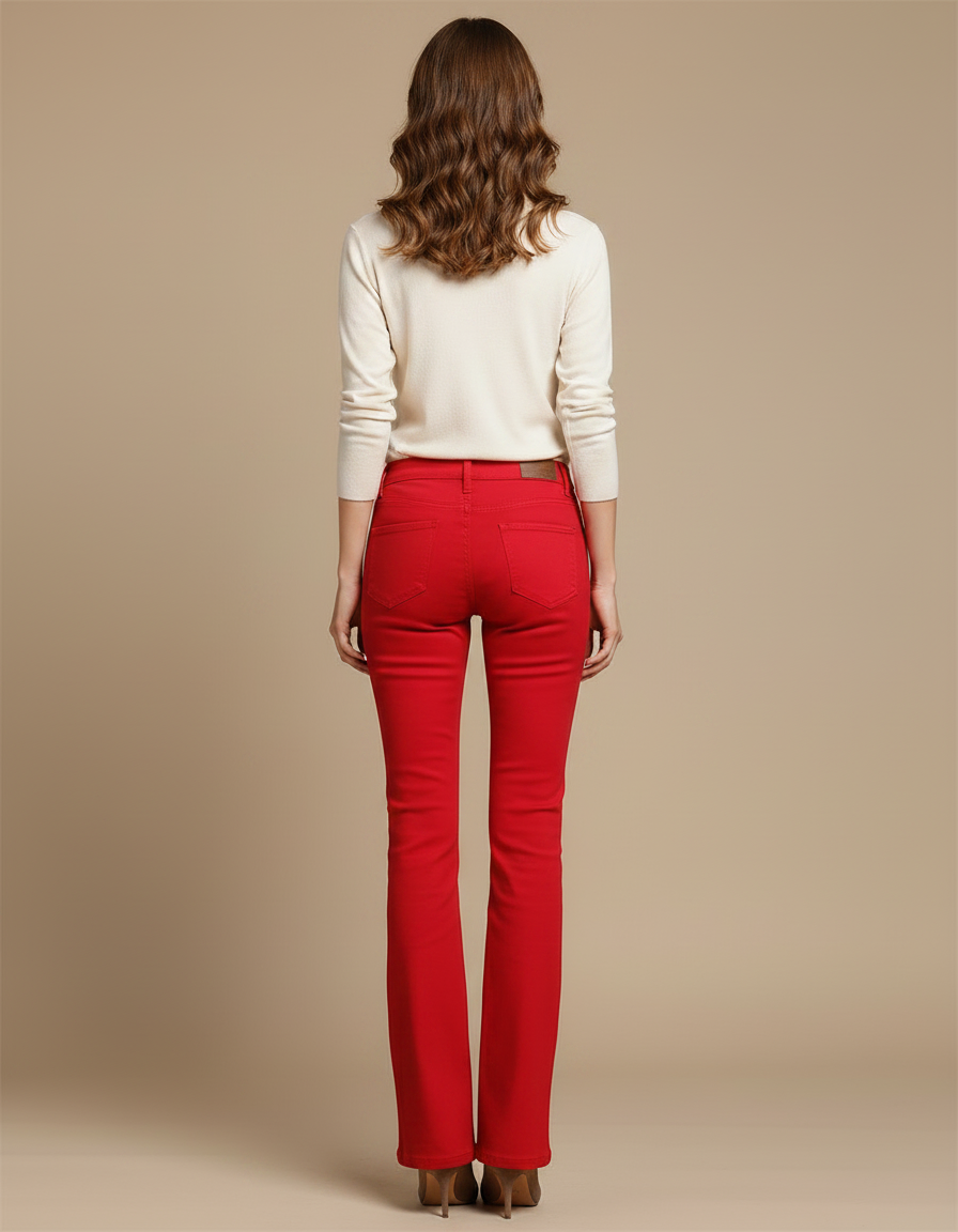 Pantalon Patte D'Éléphant Rouge Taille Haute Stretch Slim Femme - Coton - vue 2