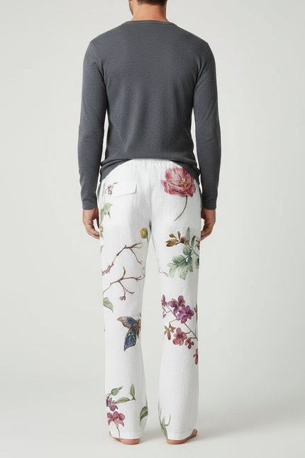 Pantalon Patte D'Éléphant Blanc Floral Ample Confortable Lin - vue 2