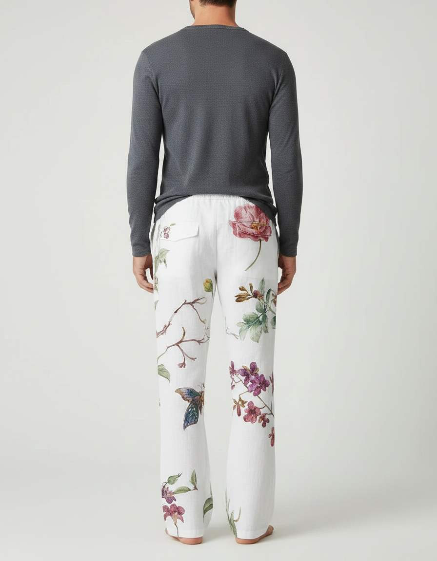 Pantalon Patte D'Éléphant Blanc Floral Ample Confortable Lin - vue 2