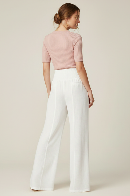 Pantalon Patte D'Éléphant Blanc Fluide Taille Smockée Élégant - Lin - vue 2