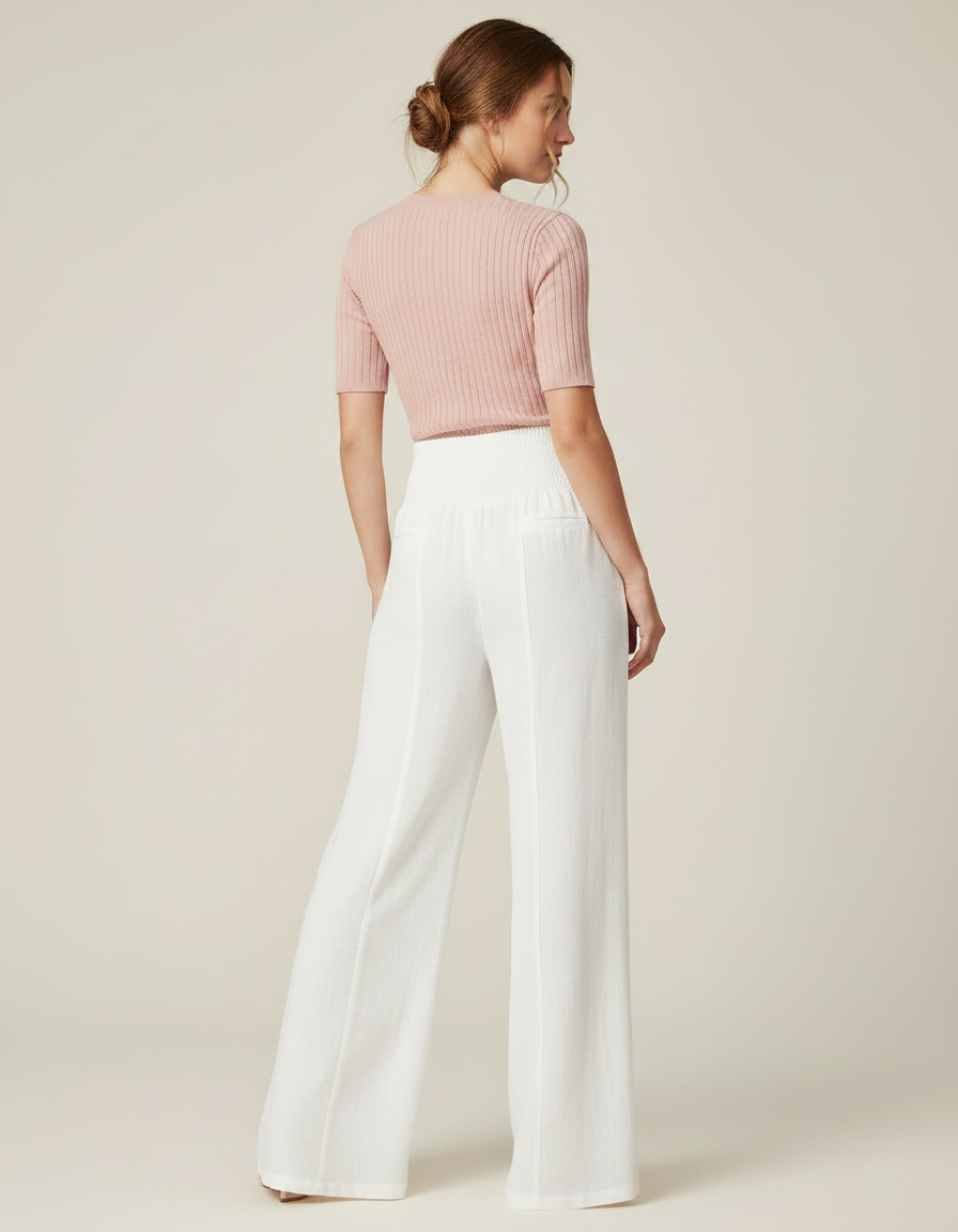 Pantalon Patte D'Éléphant Blanc Fluide Taille Smockée Élégant - Lin - vue 2