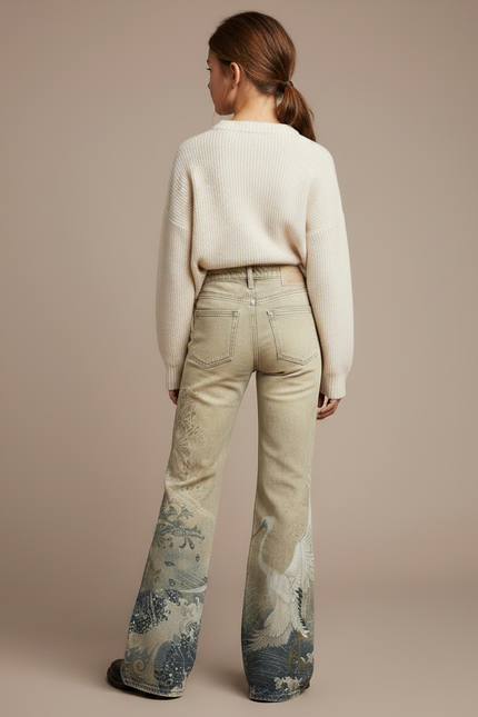 Pantalon Patte D'Éléphant Beige Imprimé Grue Taille Haute - Jean - vue 2