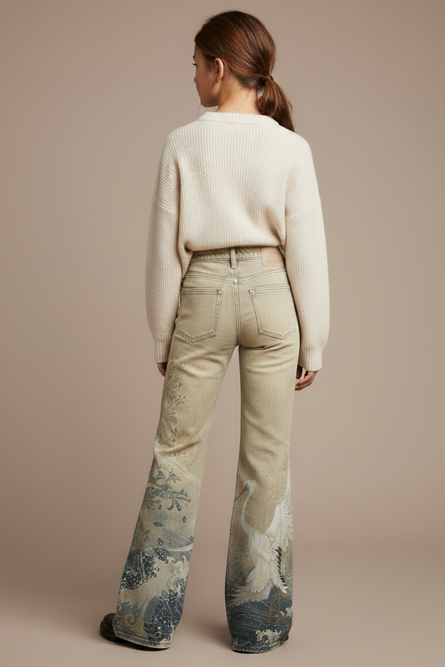 Pantalon Patte D'Éléphant Beige Imprimé Grue Taille Haute - Jean - vue 2