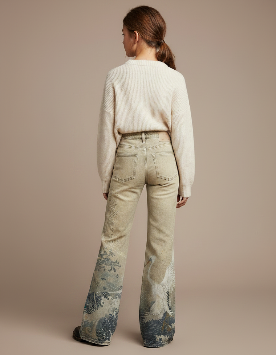 Pantalon Patte D'Éléphant Beige Imprimé Grue Taille Haute - Jean - vue 2
