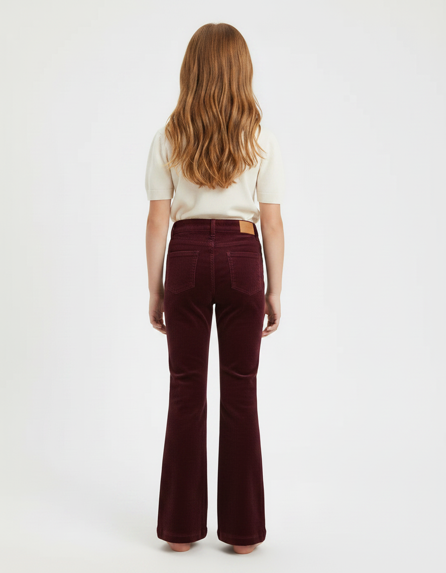 Pantalon Patte D'Éléphant Côtelé Bordeaux Taille Haute Fille - Cordé - vue 2