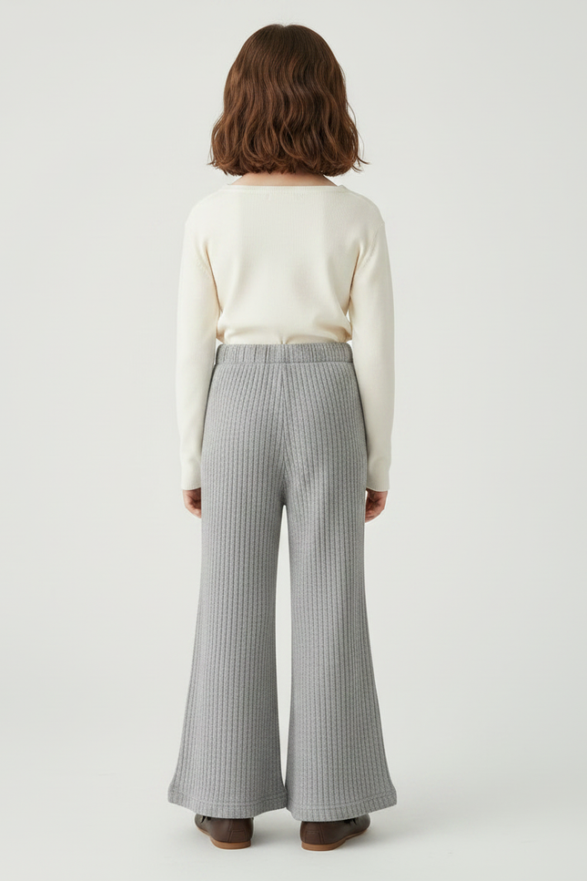 Pantalon Patte D'Éléphant Côtelé Gris Confortable Élastique Enfant - Maille - vue 2