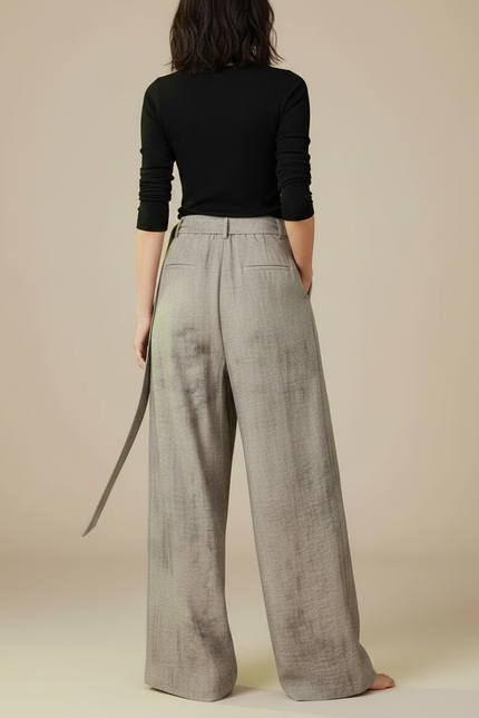 Pantalon Patte D'Éléphant Lin Ample Gris Ceinturé Fluide - vue 2