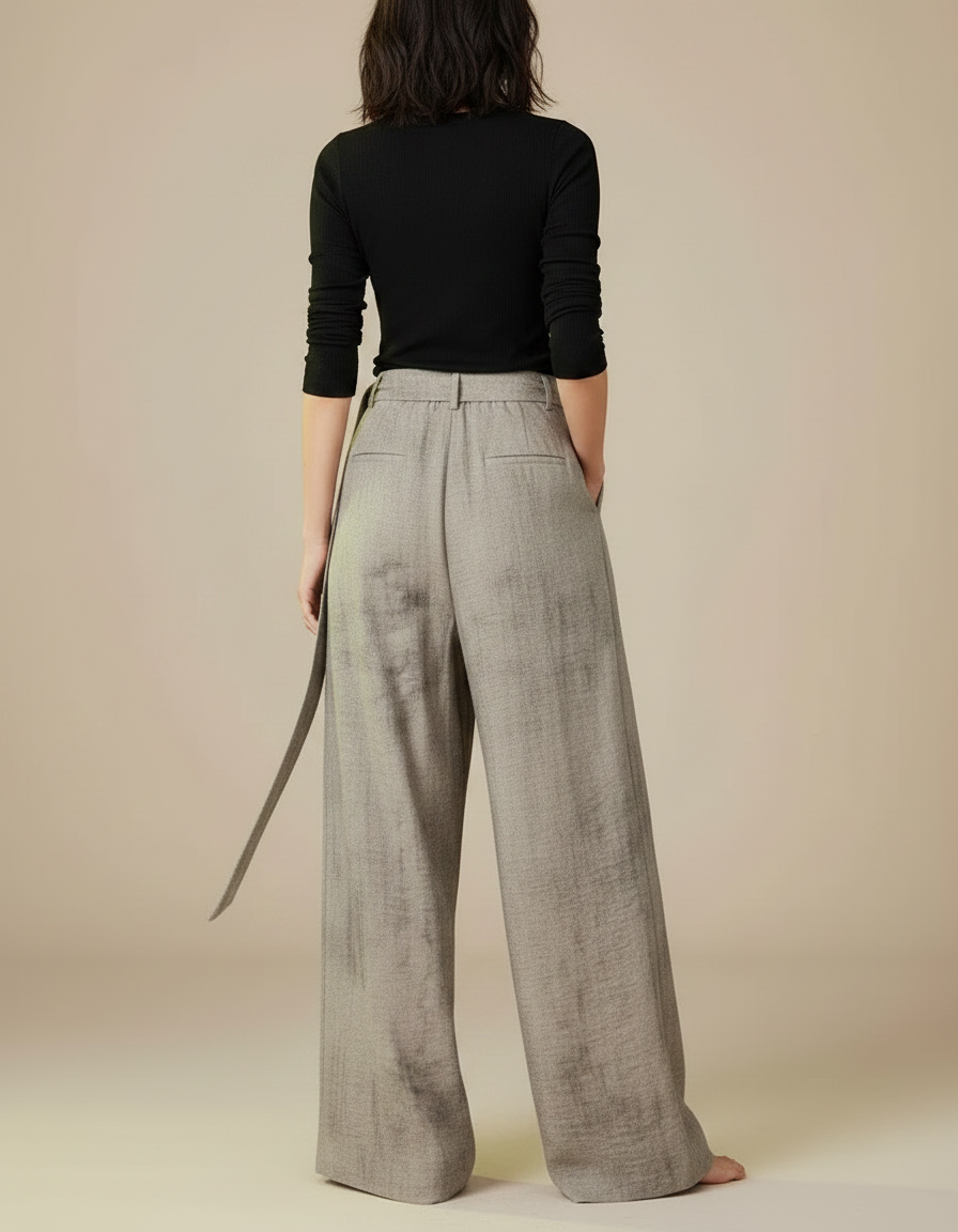 Pantalon Patte D'Éléphant Lin Ample Gris Ceinturé Fluide - vue 2