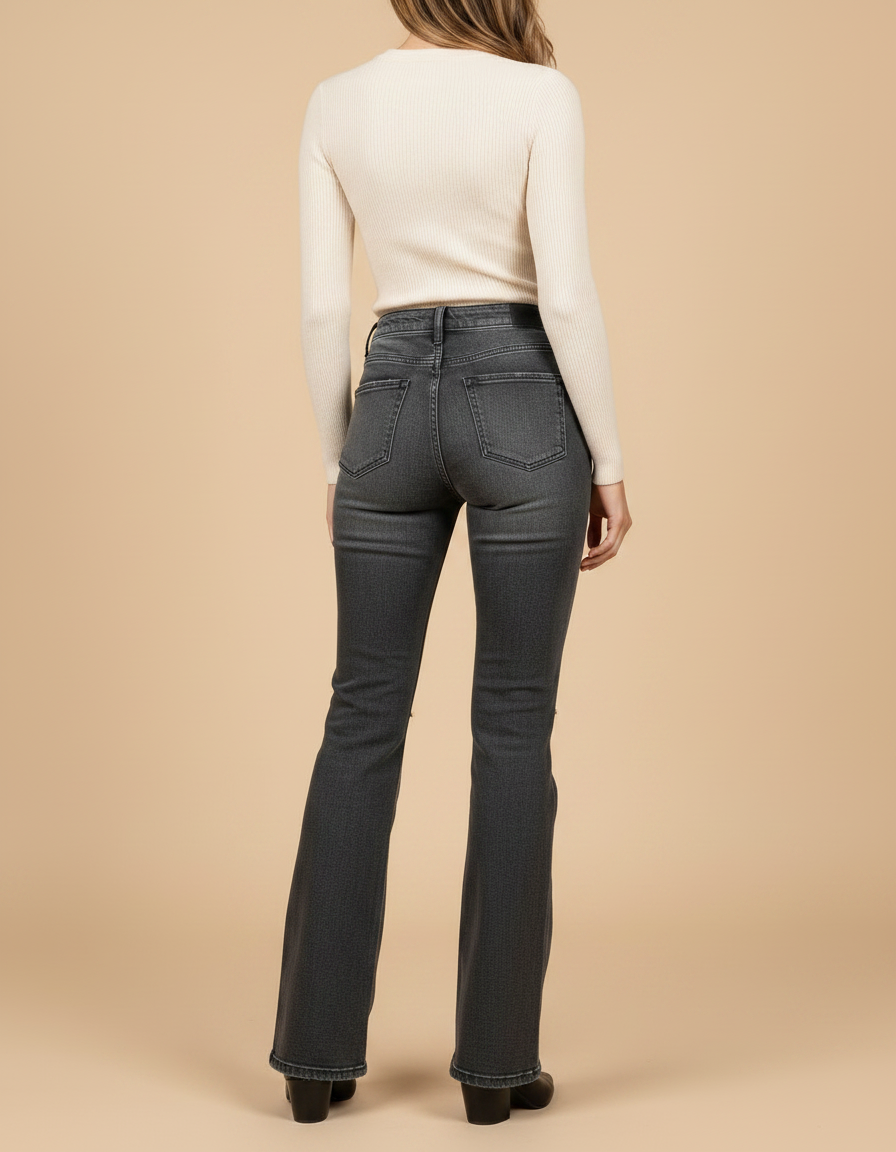 Pantalon Patte D'Éléphant Gris Délavé Déchiré Taille Haute - Jean - vue 2