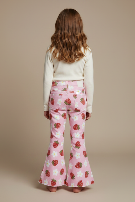 Pantalon Patte D'Éléphant Rose Fraises Fleurs Évasé Fille - Jean - vue 2